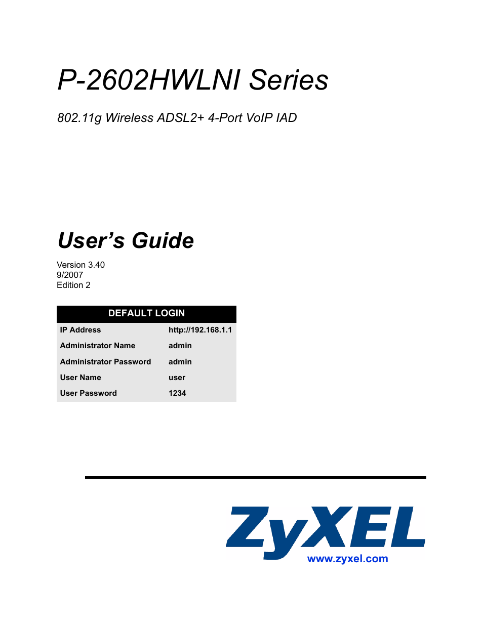 ZyXEL Communications P-2602HWLNI User Manual | 496 pages