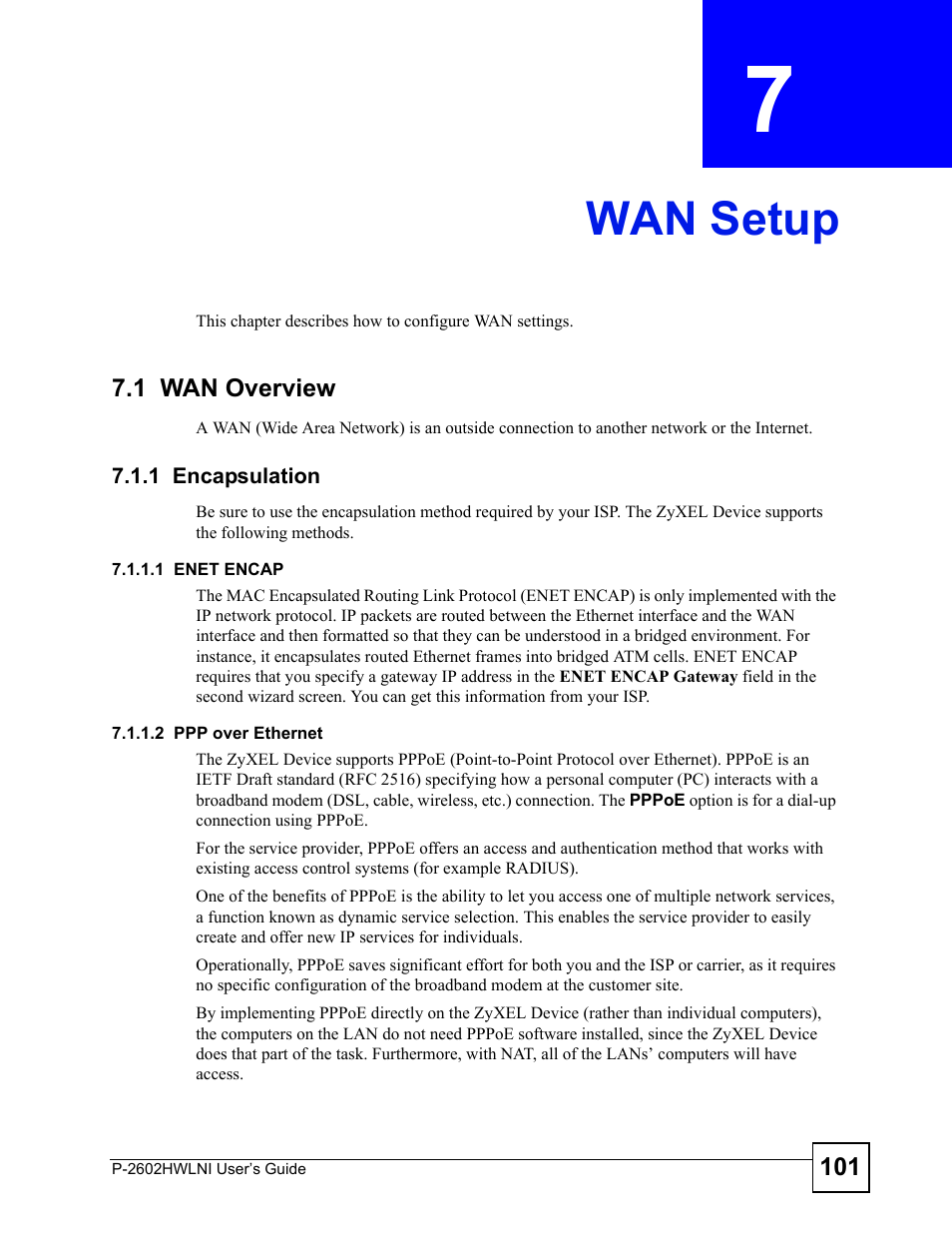 Wan setup, 1 wan overview, 1 encapsulation | Chapter 7 wan setup, Wan setup (101) | ZyXEL Communications P-2602HWLNI User Manual | Page 101 / 496