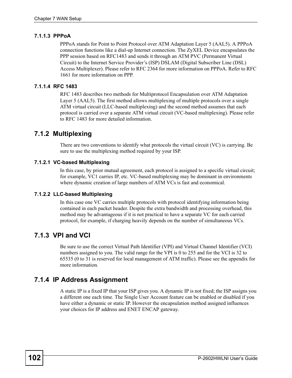 2 multiplexing, 3 vpi and vci, 4 ip address assignment | ZyXEL Communications P-2602HWLNI User Manual | Page 102 / 496