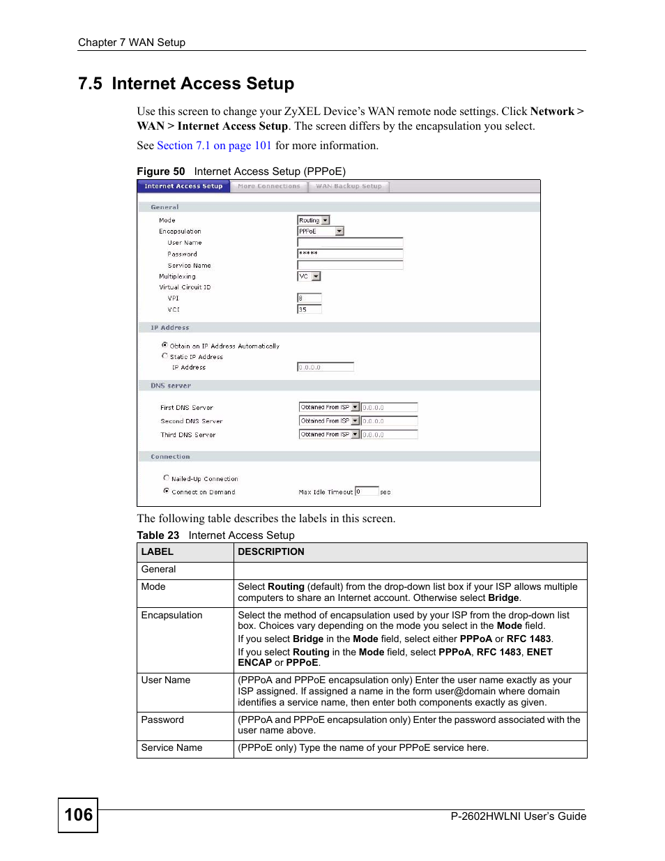5 internet access setup, Figure 50 internet access setup (pppoe), Table 23 internet access setup | ZyXEL Communications P-2602HWLNI User Manual | Page 106 / 496