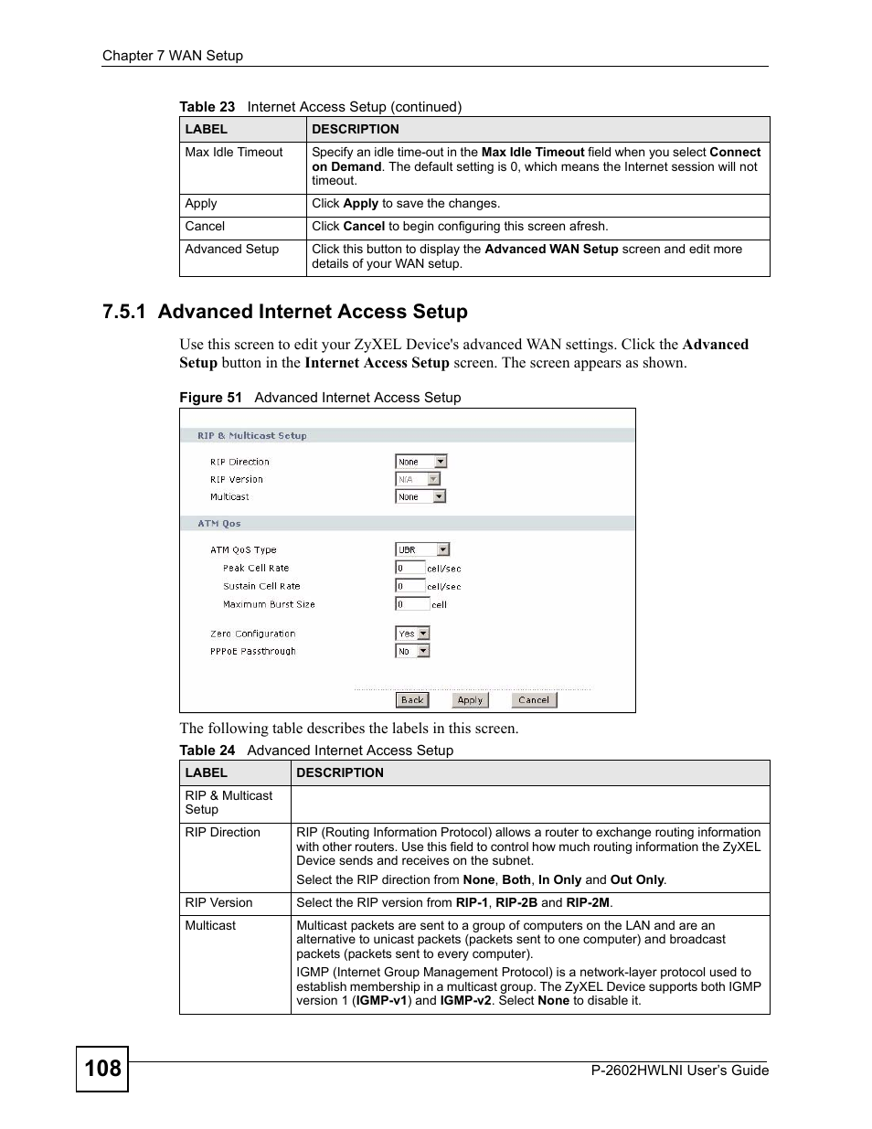 1 advanced internet access setup, Figure 51 advanced internet access setup, Table 24 advanced internet access setup | ZyXEL Communications P-2602HWLNI User Manual | Page 108 / 496