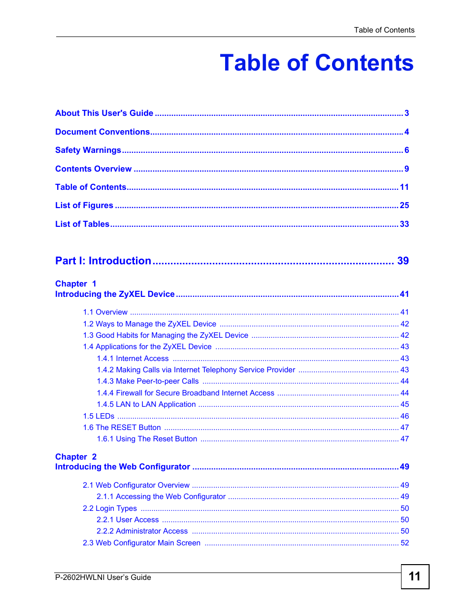 ZyXEL Communications P-2602HWLNI User Manual | Page 11 / 496