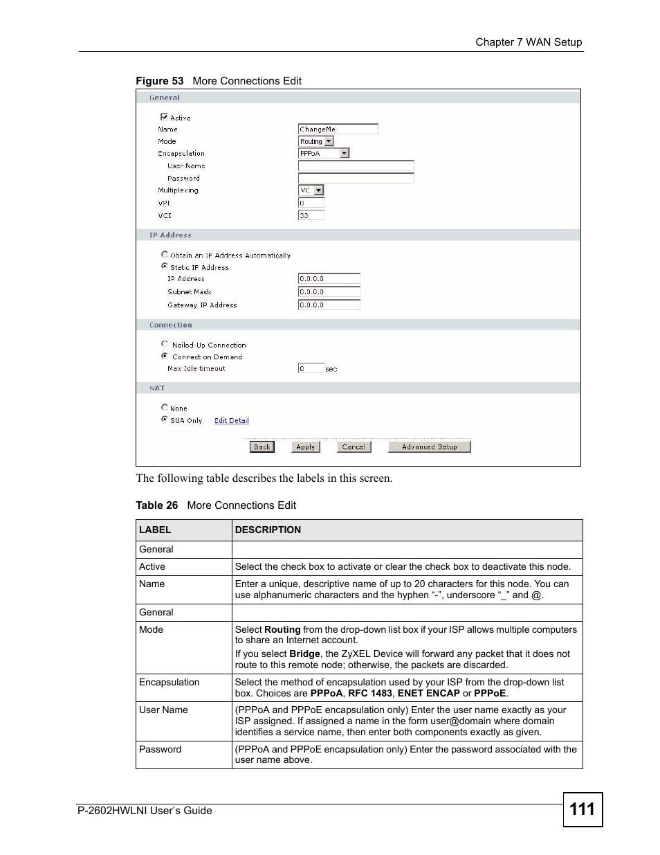 Figure 53 more connections edit, Table 26 more connections edit | ZyXEL Communications P-2602HWLNI User Manual | Page 111 / 496