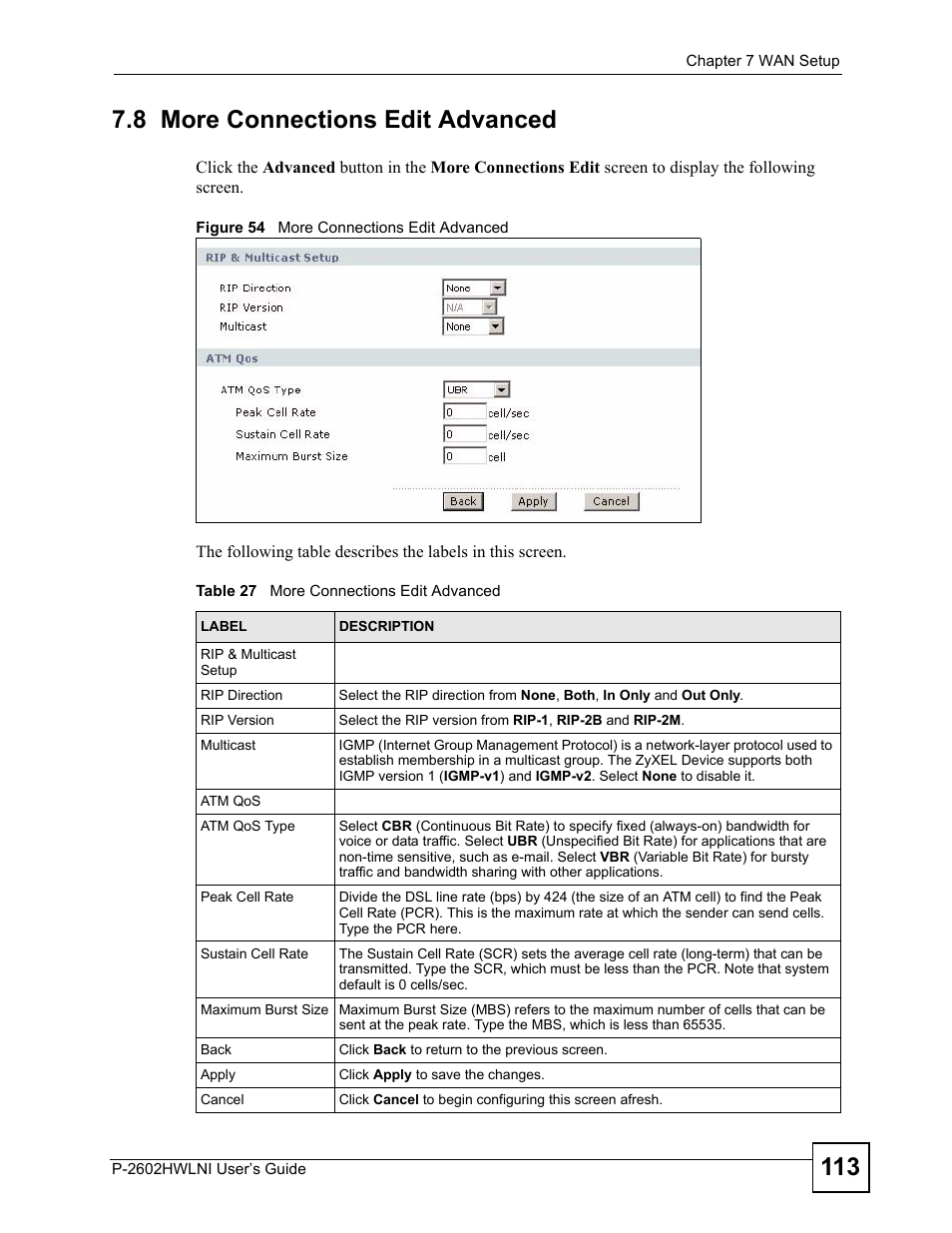 8 more connections edit advanced, Figure 54 more connections edit advanced, Table 27 more connections edit advanced | ZyXEL Communications P-2602HWLNI User Manual | Page 113 / 496