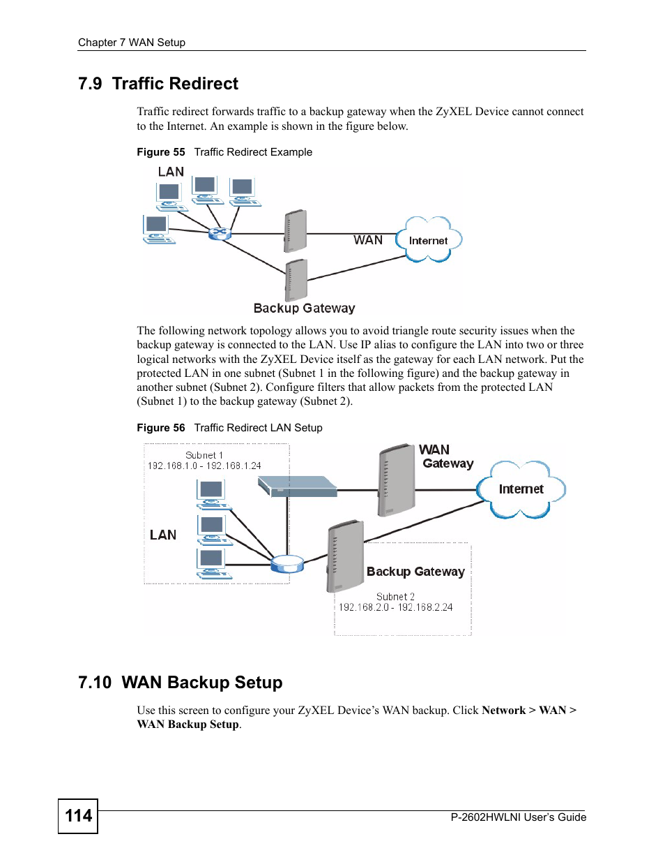 9 traffic redirect, 10 wan backup setup, 9 traffic redirect 7.10 wan backup setup | ZyXEL Communications P-2602HWLNI User Manual | Page 114 / 496