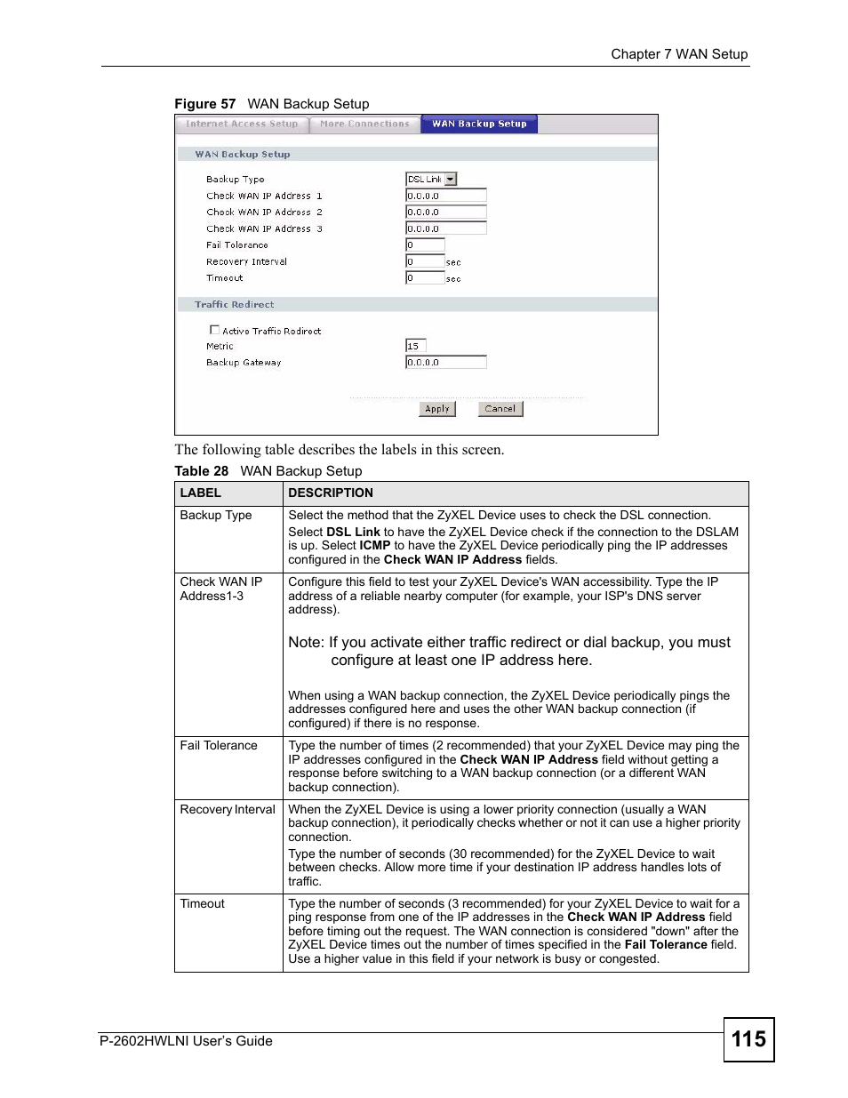 Figure 57 wan backup setup, Table 28 wan backup setup | ZyXEL Communications P-2602HWLNI User Manual | Page 115 / 496