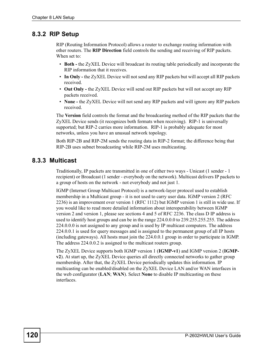 2 rip setup, 3 multicast, 2 rip setup 8.3.3 multicast | ZyXEL Communications P-2602HWLNI User Manual | Page 120 / 496