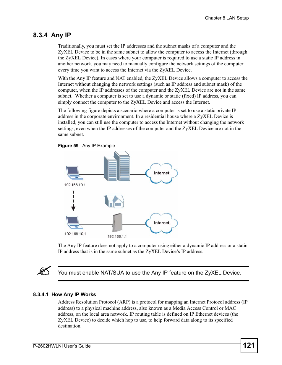 4 any ip, Figure 59 any ip example | ZyXEL Communications P-2602HWLNI User Manual | Page 121 / 496