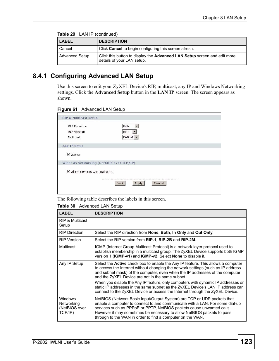 1 configuring advanced lan setup, Figure 61 advanced lan setup, Table 30 advanced lan setup | ZyXEL Communications P-2602HWLNI User Manual | Page 123 / 496