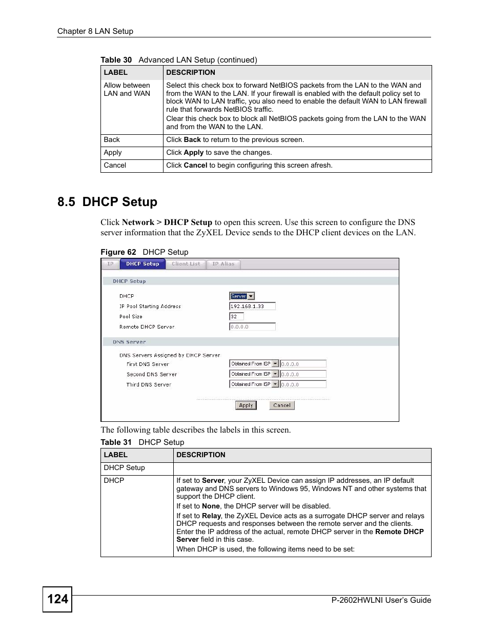 5 dhcp setup, Figure 62 dhcp setup, Table 31 dhcp setup | ZyXEL Communications P-2602HWLNI User Manual | Page 124 / 496