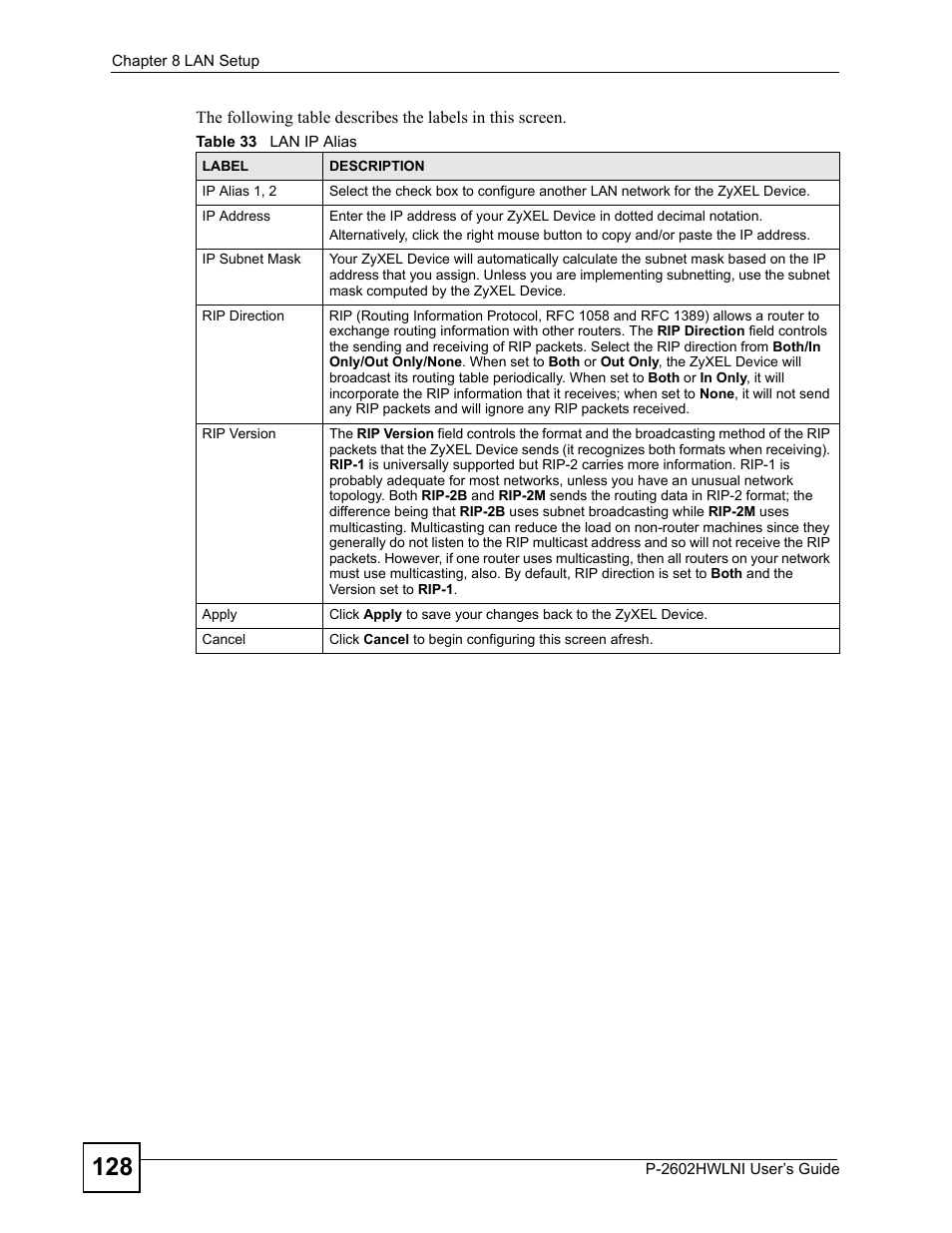 Table 33 lan ip alias | ZyXEL Communications P-2602HWLNI User Manual | Page 128 / 496