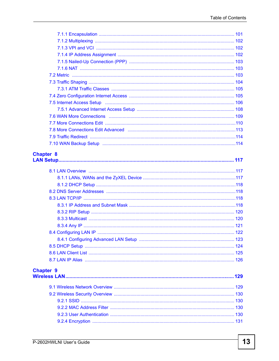 ZyXEL Communications P-2602HWLNI User Manual | Page 13 / 496