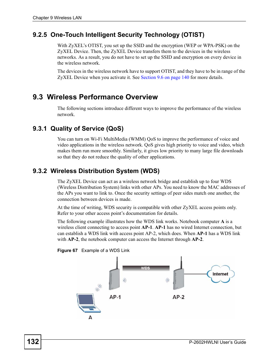 3 wireless performance overview, 1 quality of service (qos), 2 wireless distribution system (wds) | Figure 67 example of a wds link | ZyXEL Communications P-2602HWLNI User Manual | Page 132 / 496