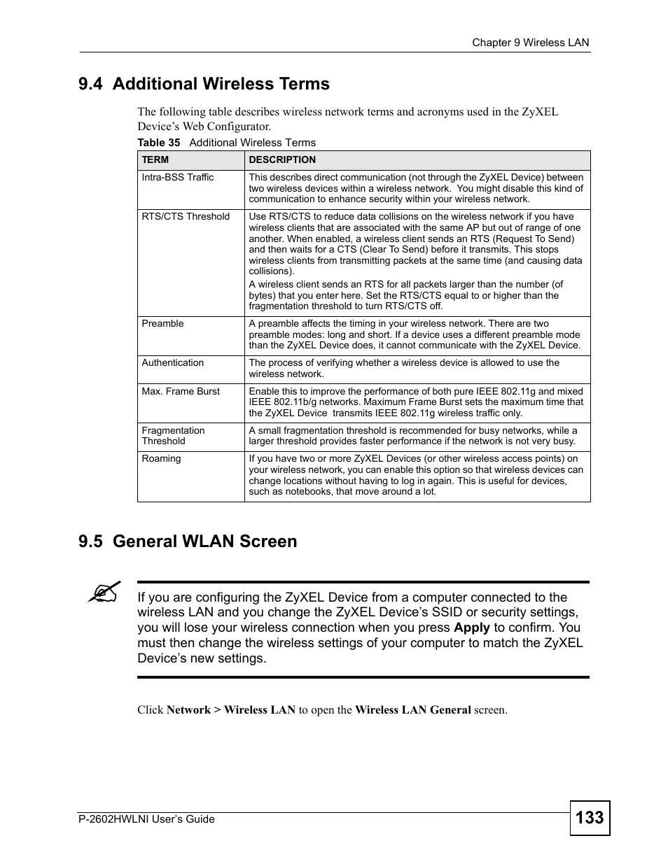 4 additional wireless terms, 5 general wlan screen, Table 35 additional wireless terms | ZyXEL Communications P-2602HWLNI User Manual | Page 133 / 496