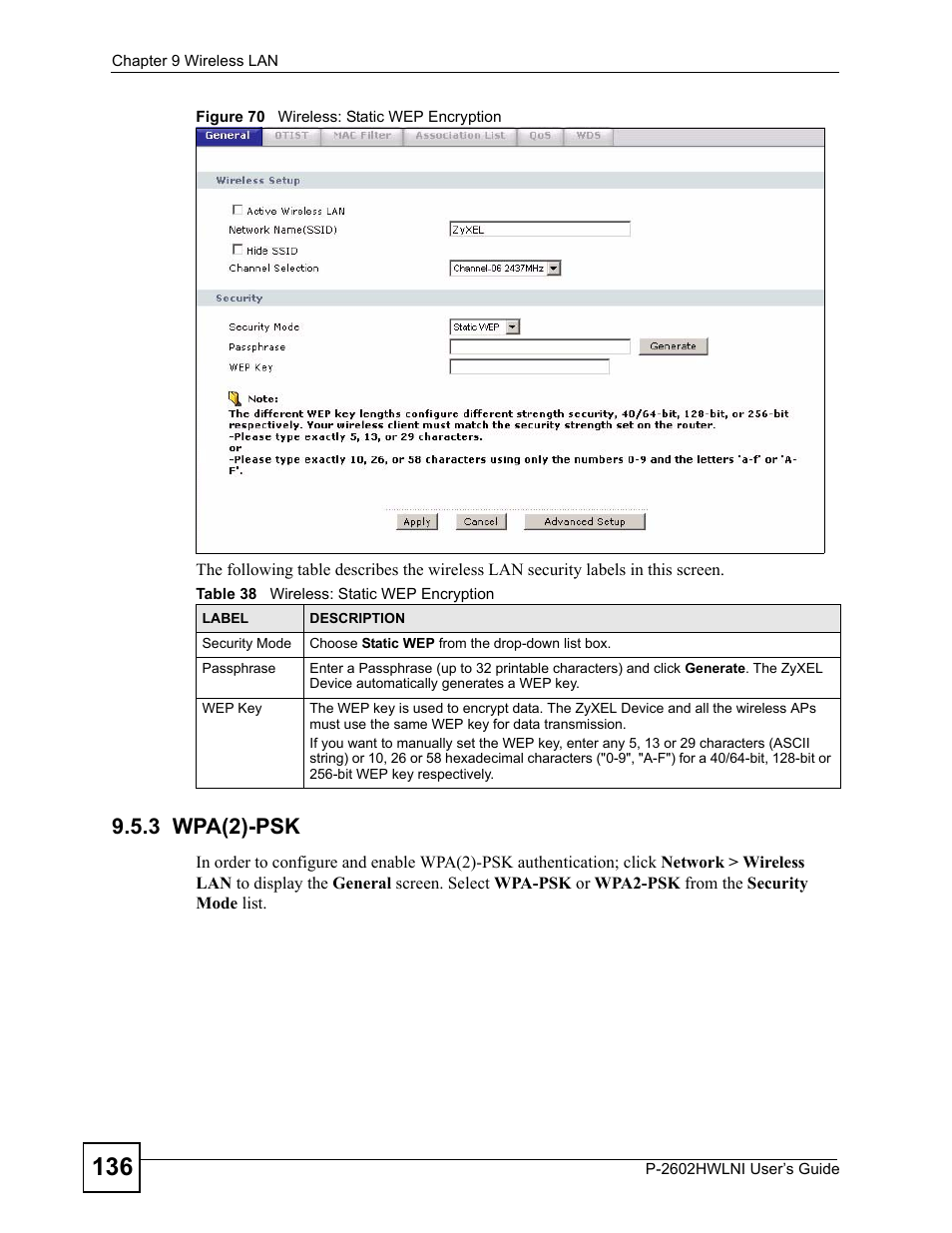 3 wpa(2)-psk, Figure 70 wireless: static wep encryption, Table 38 wireless: static wep encryption | ZyXEL Communications P-2602HWLNI User Manual | Page 136 / 496