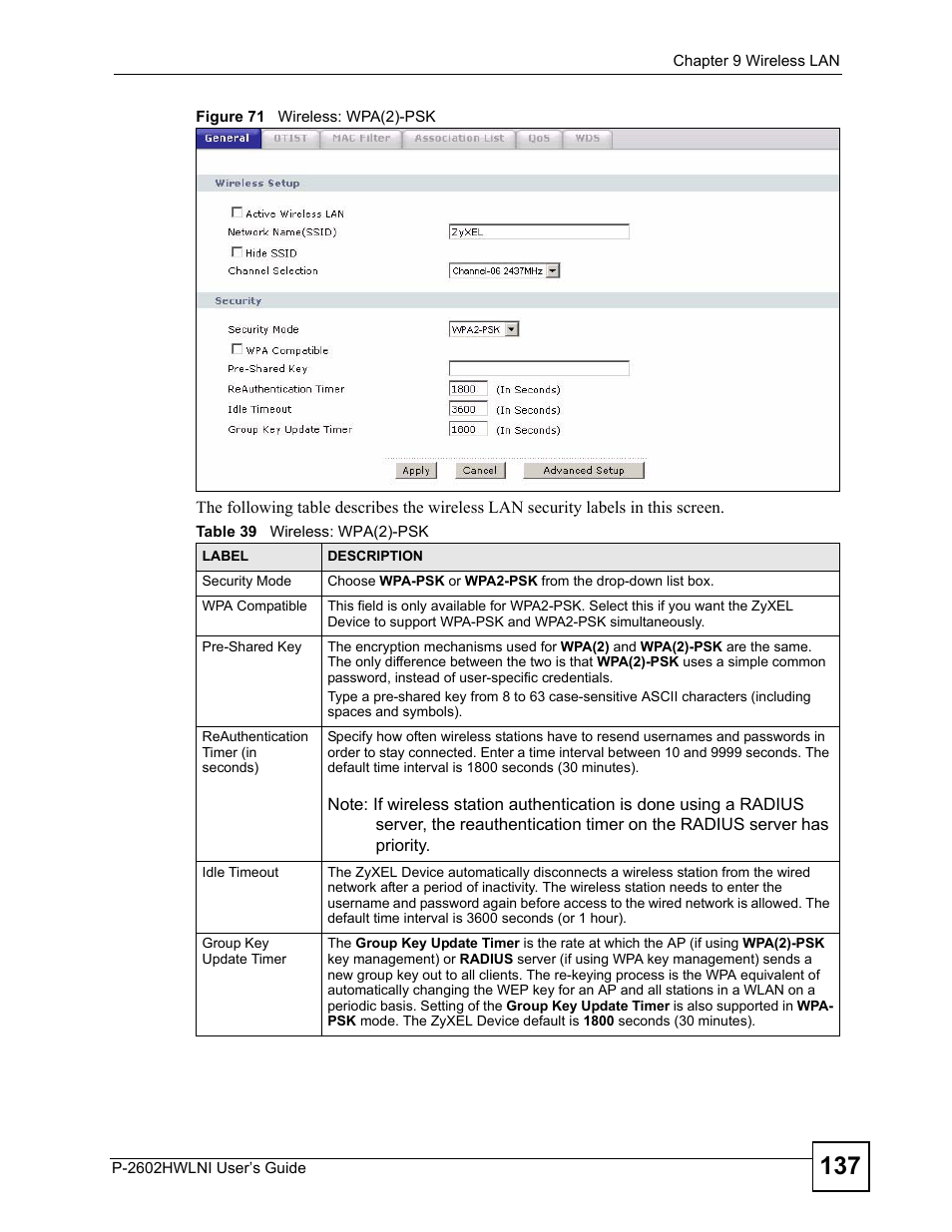 Figure 71 wireless: wpa(2)-psk, Table 39 wireless: wpa(2)-psk | ZyXEL Communications P-2602HWLNI User Manual | Page 137 / 496