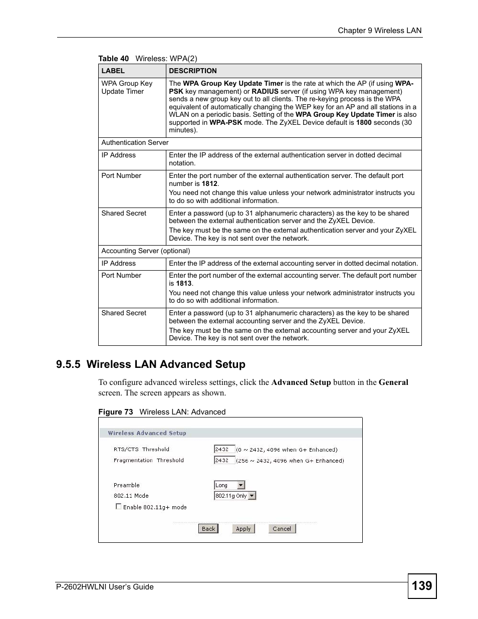 5 wireless lan advanced setup, Figure 73 wireless lan: advanced | ZyXEL Communications P-2602HWLNI User Manual | Page 139 / 496