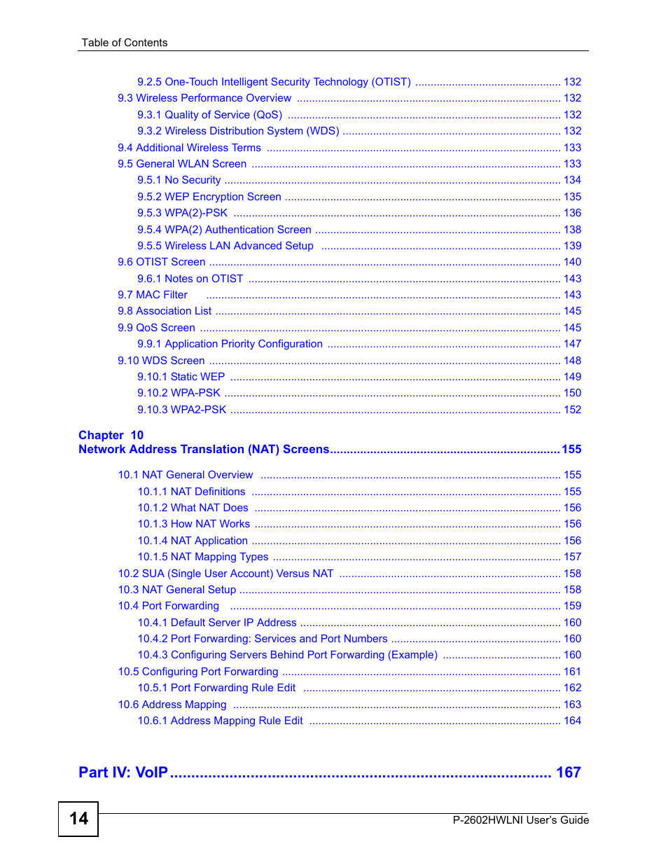 Part iv: voip | ZyXEL Communications P-2602HWLNI User Manual | Page 14 / 496