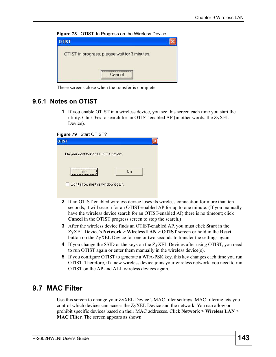 1 notes on otist, 7 mac filter | ZyXEL Communications P-2602HWLNI User Manual | Page 143 / 496