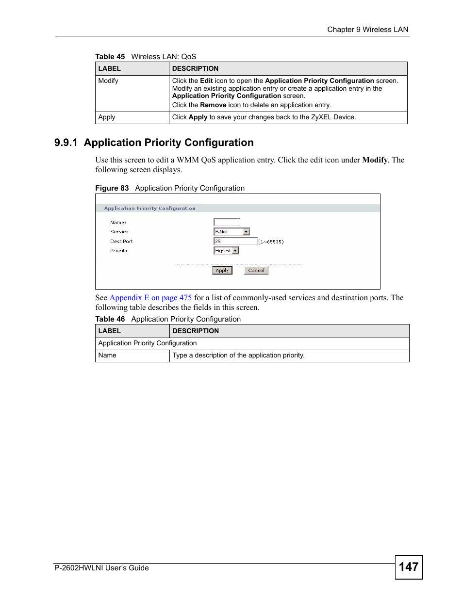 1 application priority configuration, Figure 83 application priority configuration, Table 46 application priority configuration | ZyXEL Communications P-2602HWLNI User Manual | Page 147 / 496