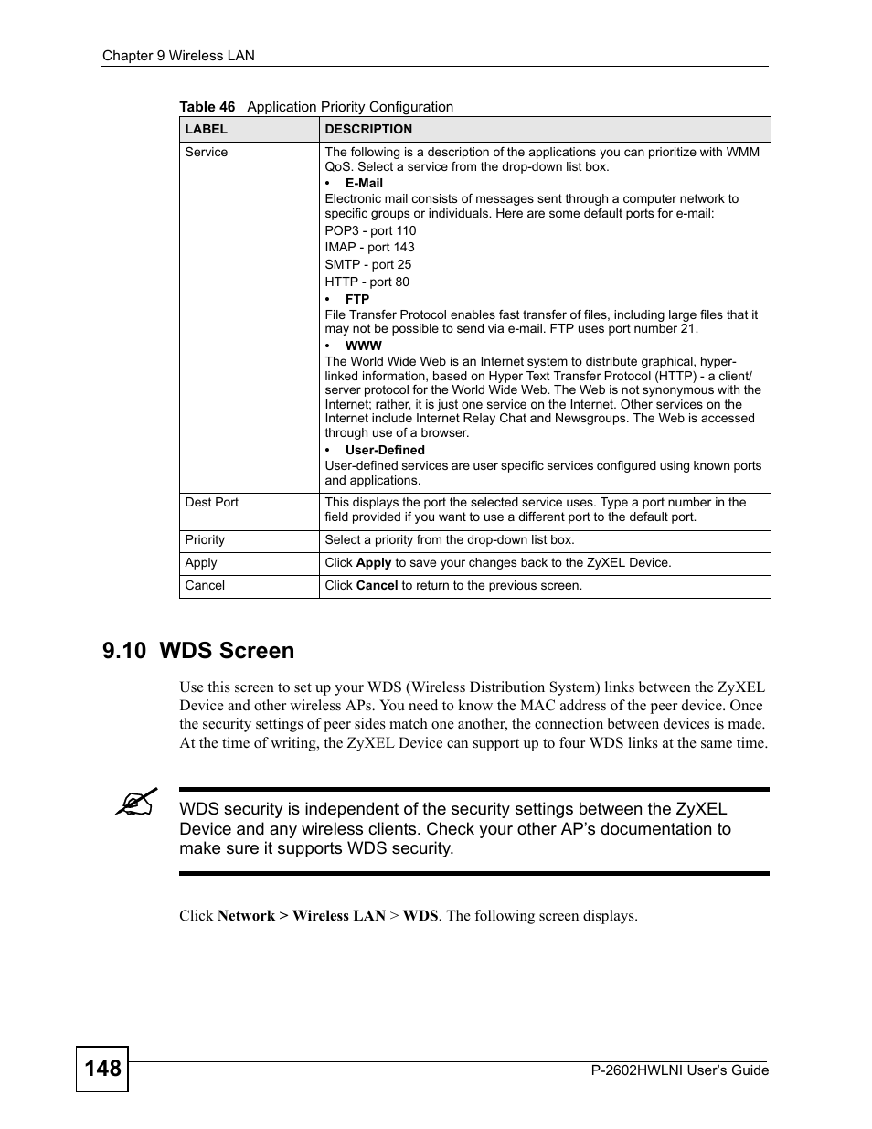 10 wds screen | ZyXEL Communications P-2602HWLNI User Manual | Page 148 / 496