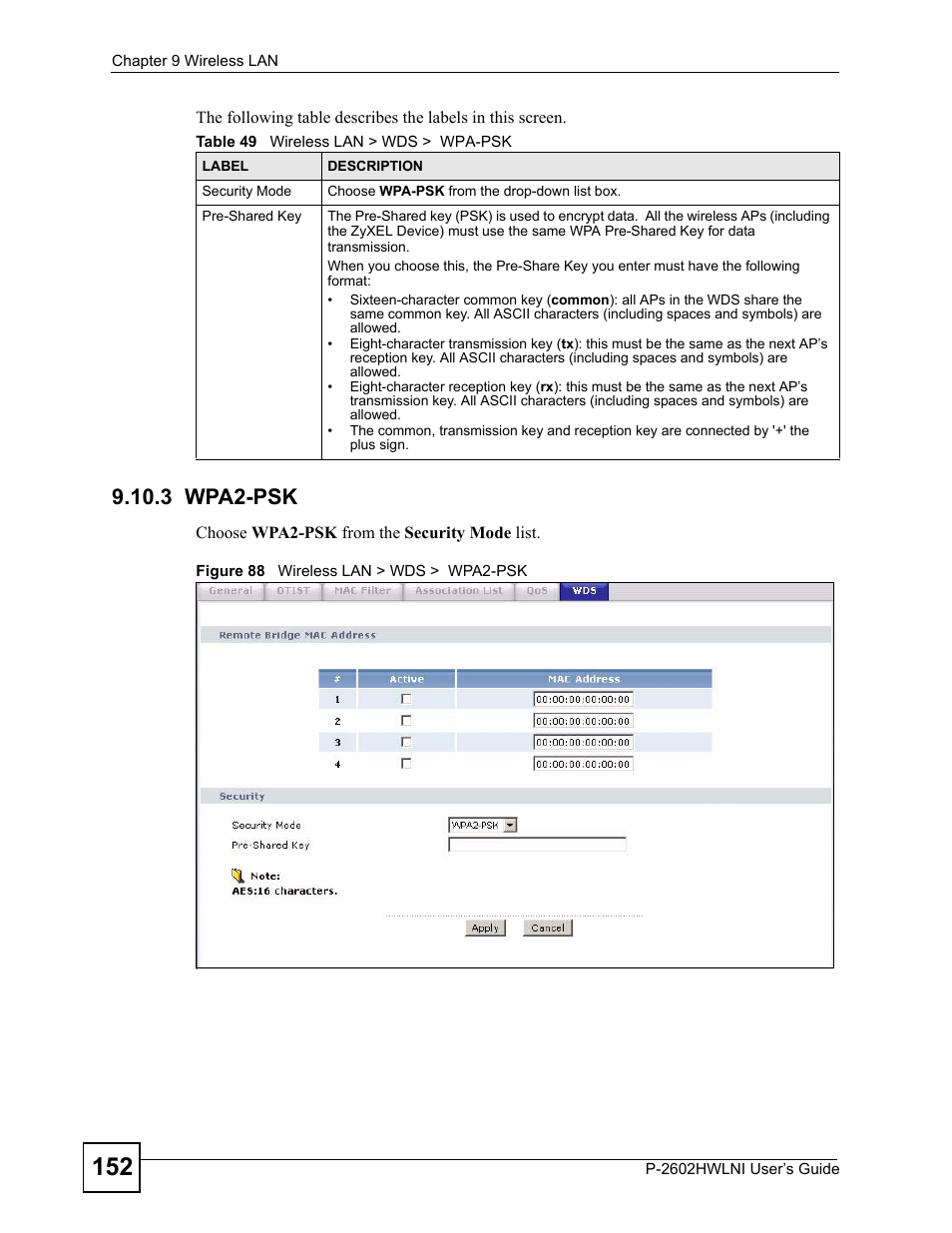 3 wpa2-psk, Figure 88 wireless lan > wds > wpa2-psk, Table 49 wireless lan > wds > wpa-psk | ZyXEL Communications P-2602HWLNI User Manual | Page 152 / 496