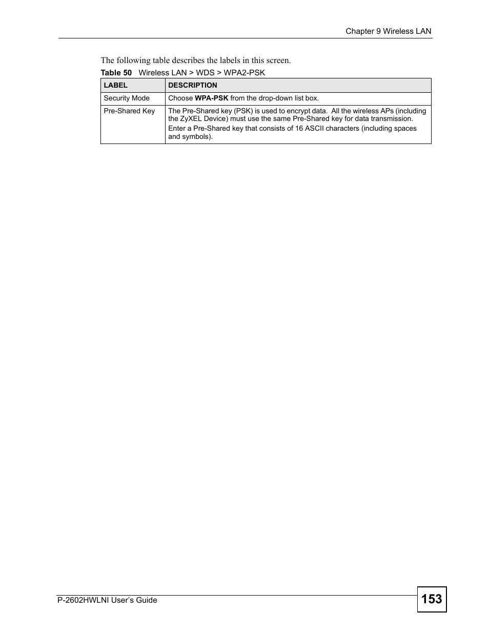 Table 50 wireless lan > wds > wpa2-psk | ZyXEL Communications P-2602HWLNI User Manual | Page 153 / 496