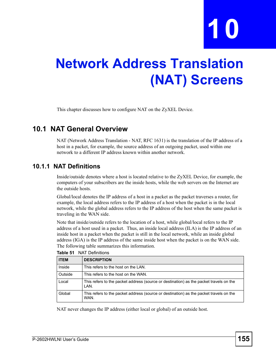 Network address translation (nat) screens, 1 nat general overview, 1 nat definitions | Table 51 nat definitions, Network address translation (nat) screens (155) | ZyXEL Communications P-2602HWLNI User Manual | Page 155 / 496