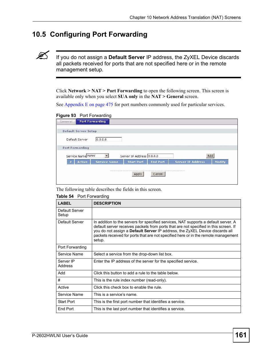 5 configuring port forwarding, Figure 93 port forwarding, Table 54 port forwarding | ZyXEL Communications P-2602HWLNI User Manual | Page 161 / 496