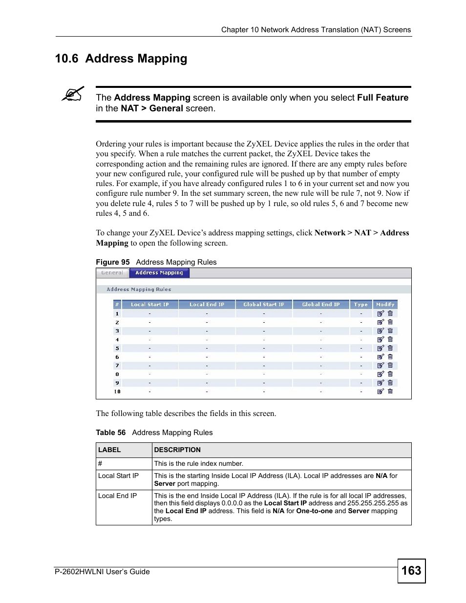 6 address mapping, Figure 95 address mapping rules, Table 56 address mapping rules | ZyXEL Communications P-2602HWLNI User Manual | Page 163 / 496