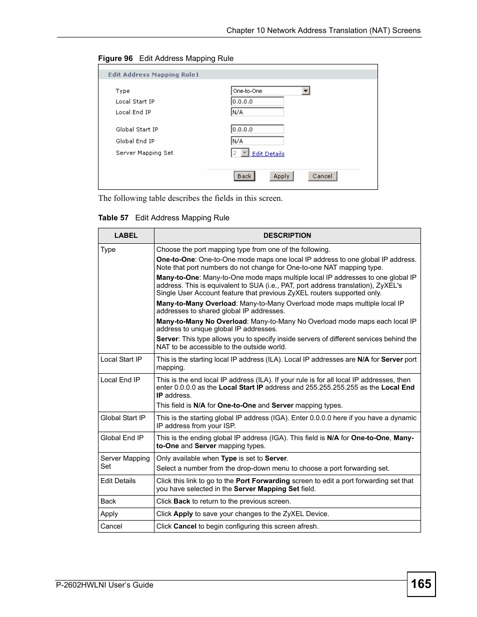 Figure 96 edit address mapping rule, Table 57 edit address mapping rule | ZyXEL Communications P-2602HWLNI User Manual | Page 165 / 496