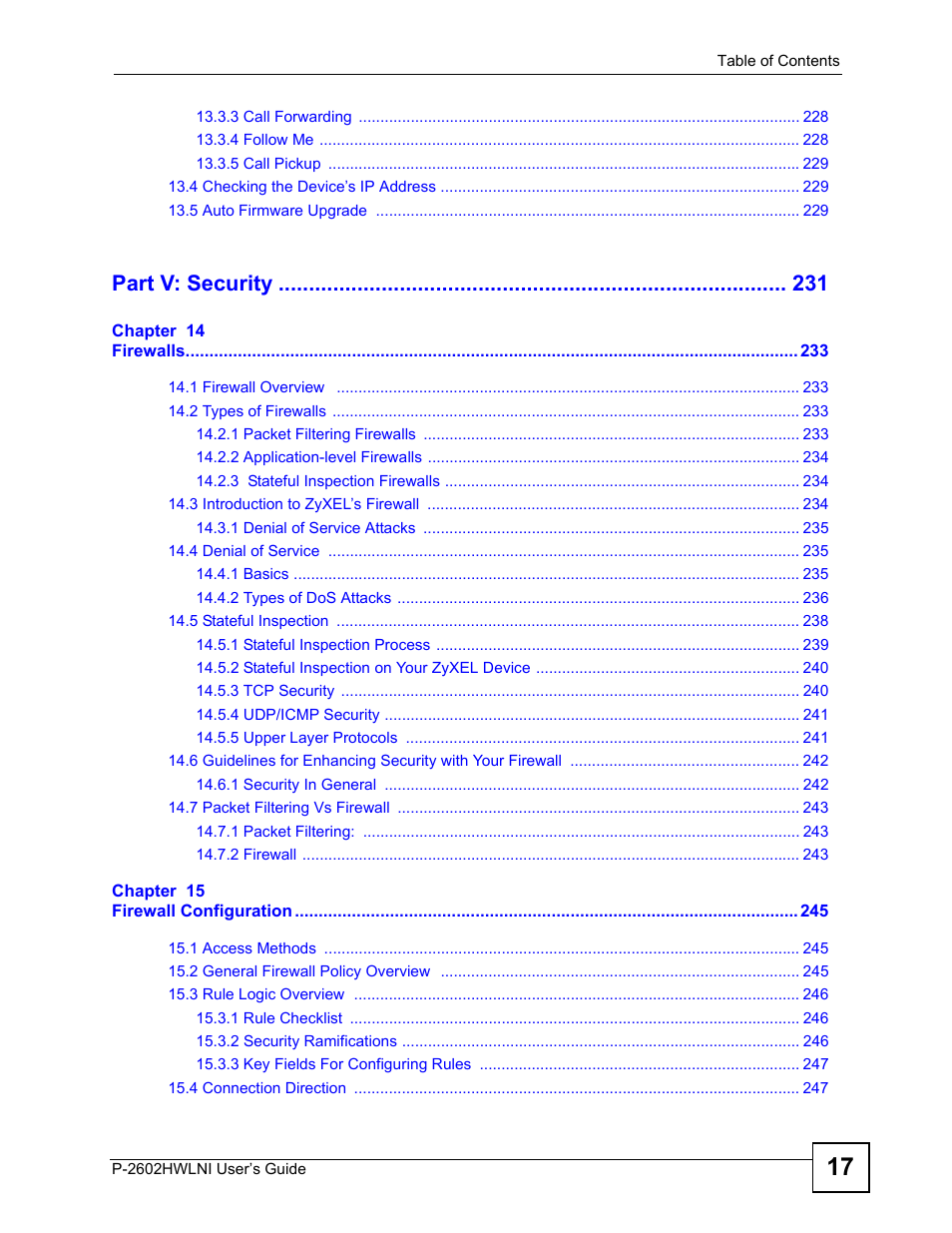 Part v: security | ZyXEL Communications P-2602HWLNI User Manual | Page 17 / 496
