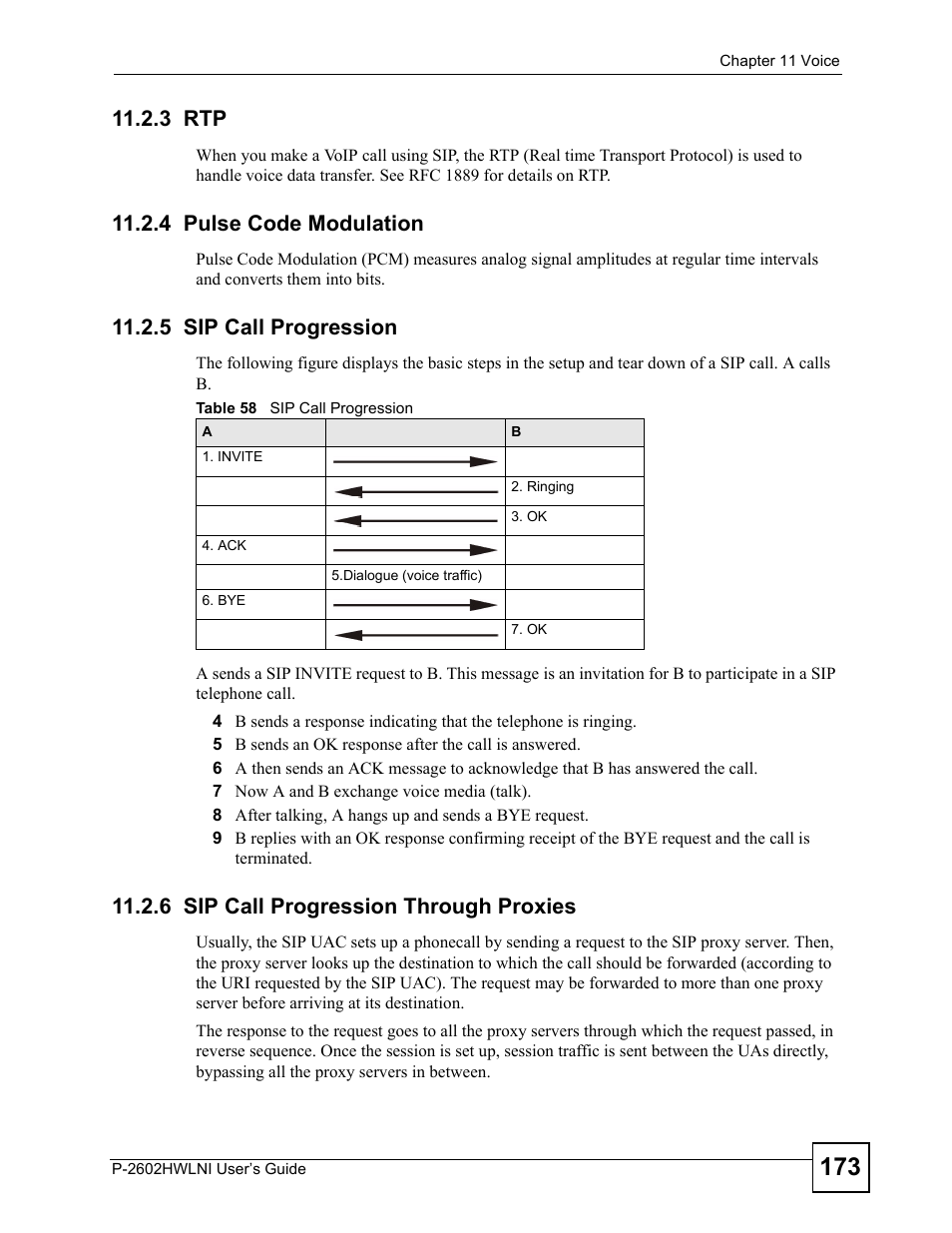 3 rtp, 4 pulse code modulation, 5 sip call progression | 6 sip call progression through proxies, Table 58 sip call progression | ZyXEL Communications P-2602HWLNI User Manual | Page 173 / 496