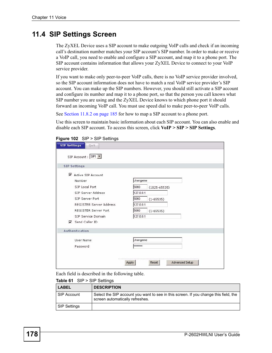 4 sip settings screen, Figure 102 sip > sip settings, Table 61 sip > sip settings | ZyXEL Communications P-2602HWLNI User Manual | Page 178 / 496