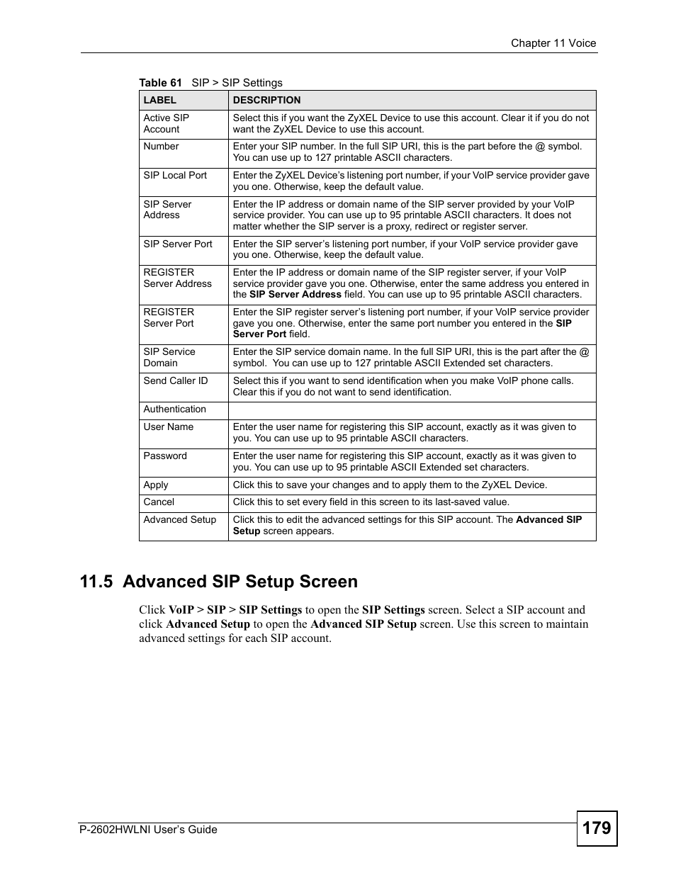 5 advanced sip setup screen | ZyXEL Communications P-2602HWLNI User Manual | Page 179 / 496