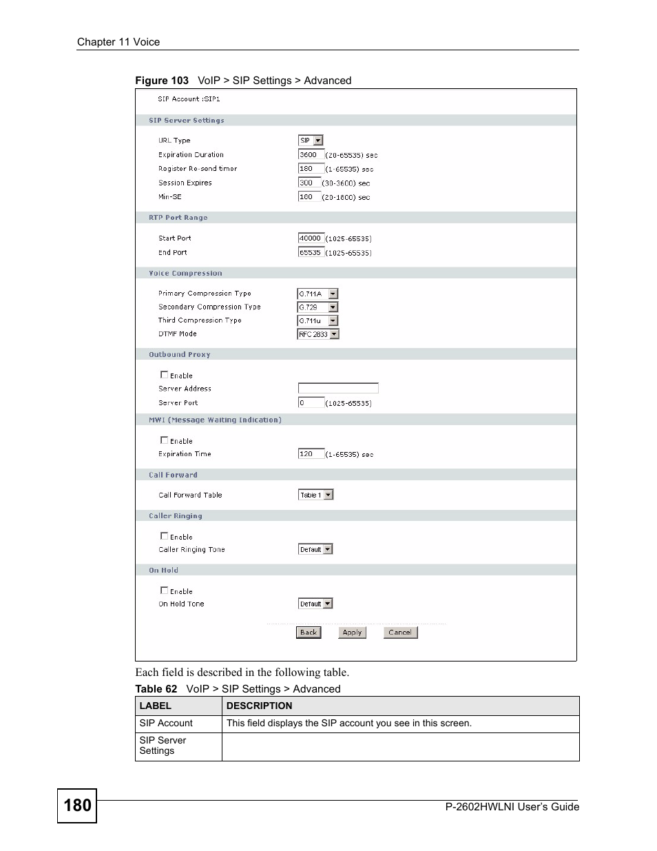 Figure 103 voip > sip settings > advanced, Table 62 voip > sip settings > advanced | ZyXEL Communications P-2602HWLNI User Manual | Page 180 / 496