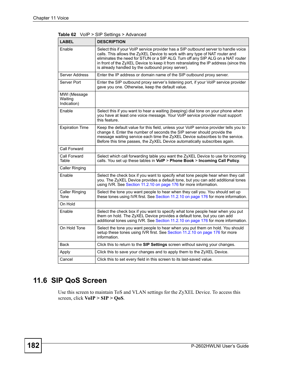 6 sip qos screen | ZyXEL Communications P-2602HWLNI User Manual | Page 182 / 496