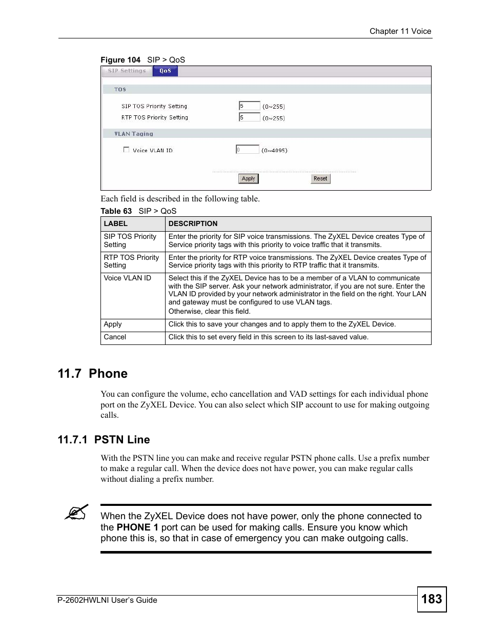 7 phone, 1 pstn line, Figure 104 sip > qos | Table 63 sip > qos | ZyXEL Communications P-2602HWLNI User Manual | Page 183 / 496