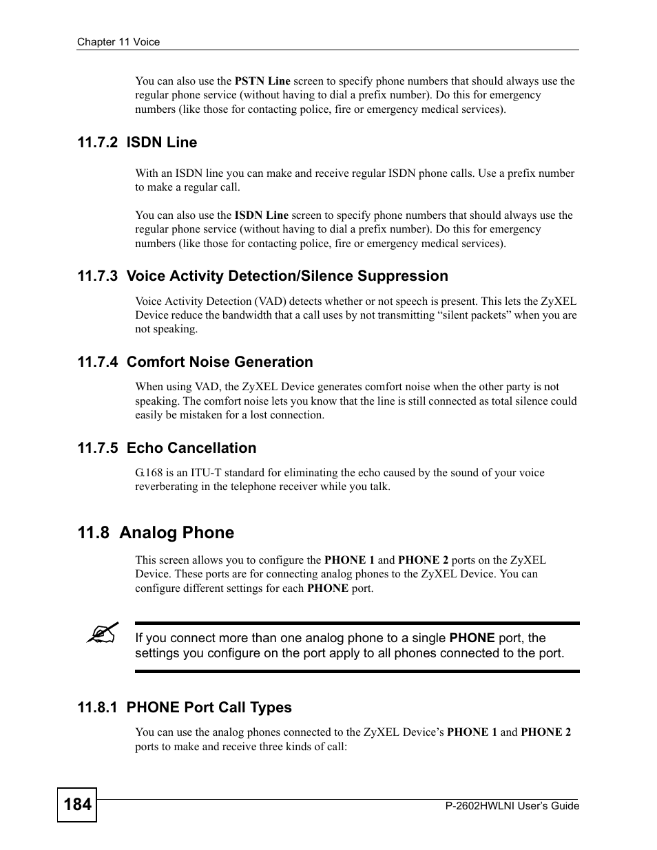 2 isdn line, 3 voice activity detection/silence suppression, 4 comfort noise generation | 5 echo cancellation, 8 analog phone, 1 phone port call types | ZyXEL Communications P-2602HWLNI User Manual | Page 184 / 496
