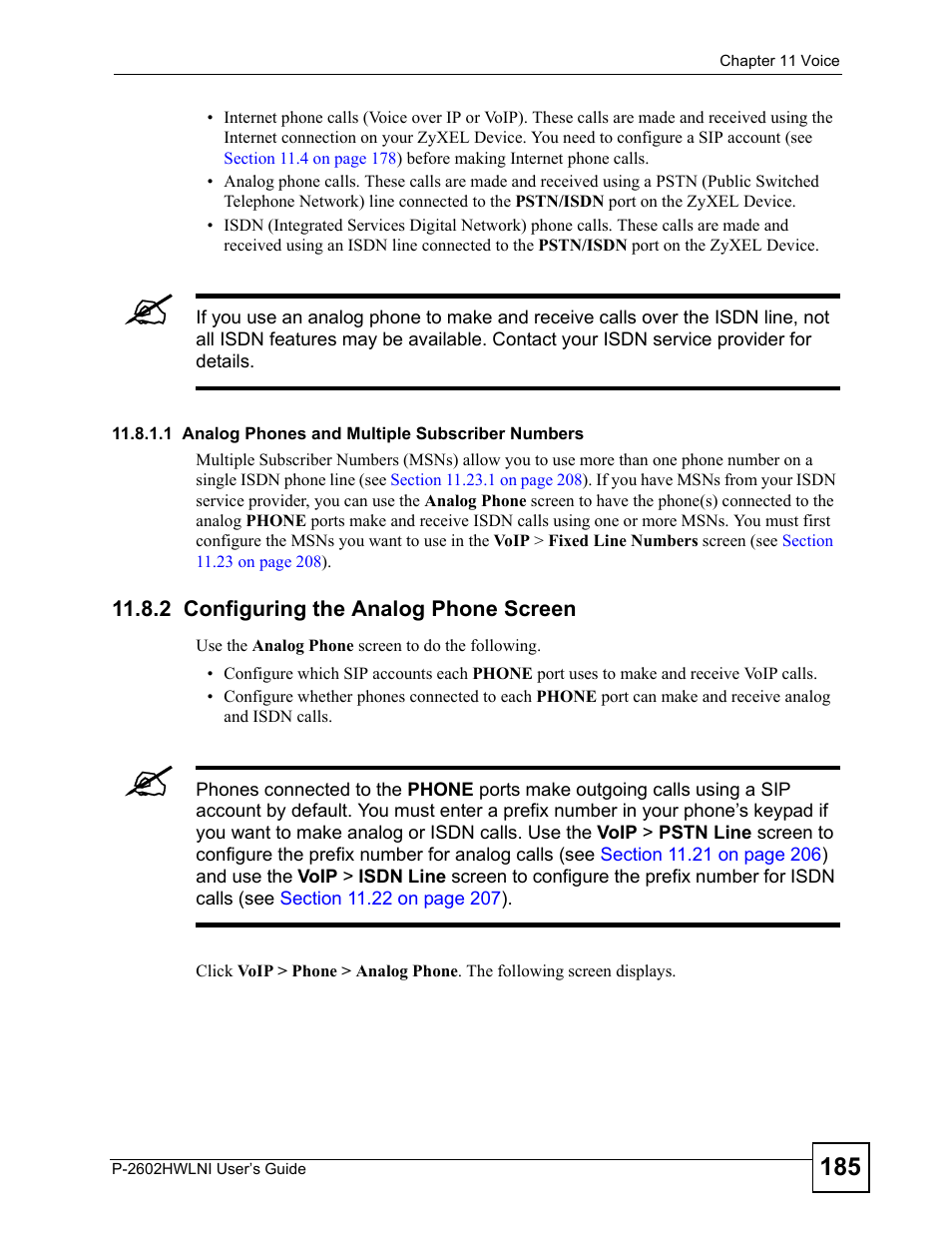 2 configuring the analog phone screen | ZyXEL Communications P-2602HWLNI User Manual | Page 185 / 496