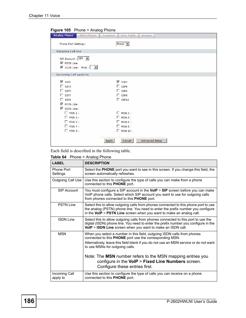 Figure 105 phone > analog phone, Table 64 phone > analog phone | ZyXEL Communications P-2602HWLNI User Manual | Page 186 / 496