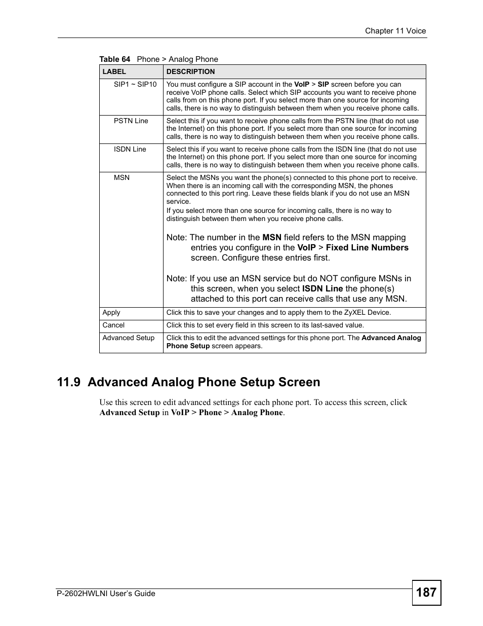 9 advanced analog phone setup screen | ZyXEL Communications P-2602HWLNI User Manual | Page 187 / 496