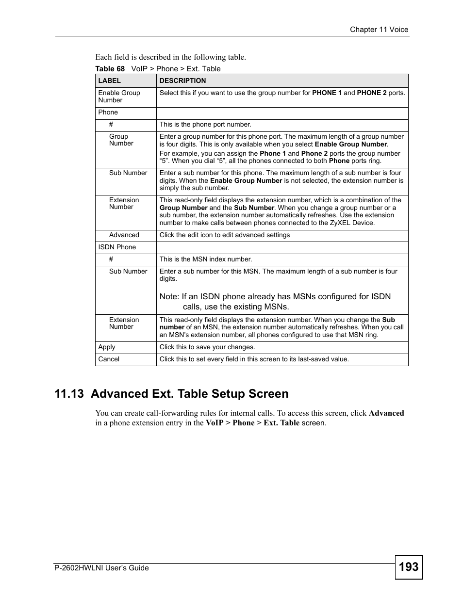 13 advanced ext. table setup screen, Table 68 voip > phone > ext. table | ZyXEL Communications P-2602HWLNI User Manual | Page 193 / 496