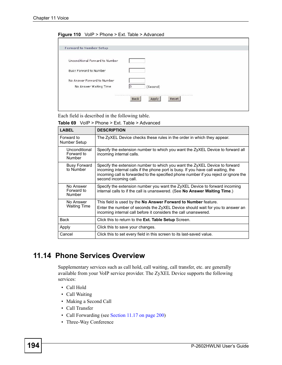 14 phone services overview, Figure 110 voip > phone > ext. table > advanced, Table 69 voip > phone > ext. table > advanced | ZyXEL Communications P-2602HWLNI User Manual | Page 194 / 496