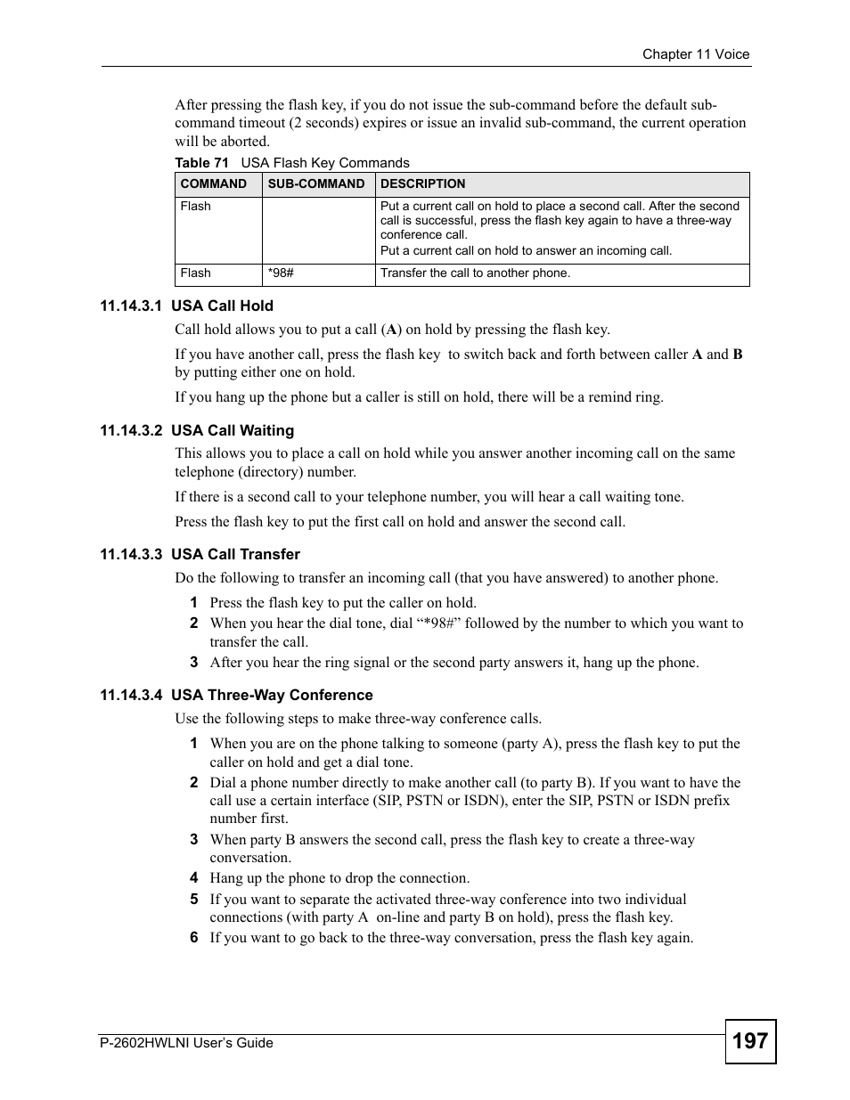 Table 71 usa flash key commands | ZyXEL Communications P-2602HWLNI User Manual | Page 197 / 496