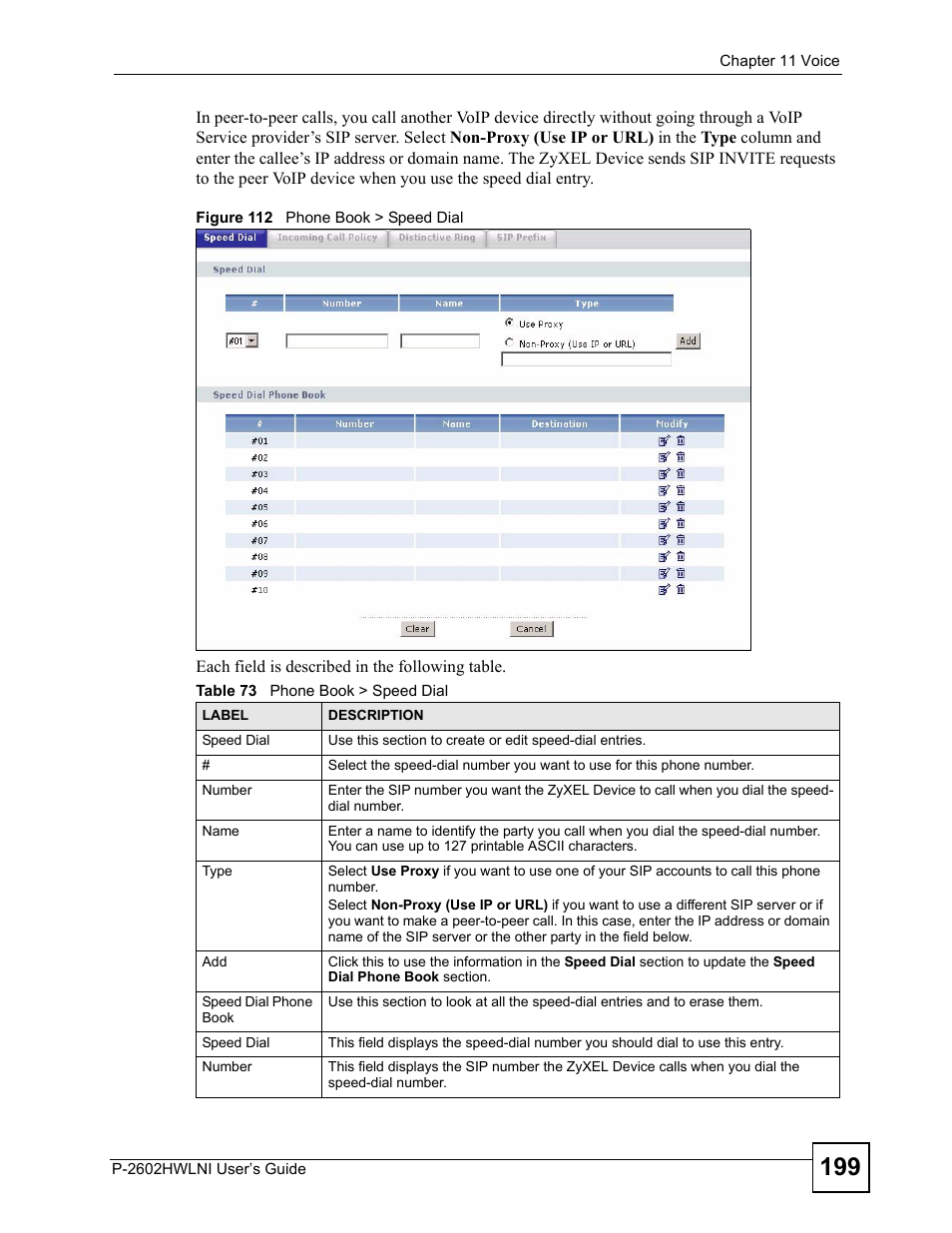 Figure 112 phone book > speed dial, Table 73 phone book > speed dial | ZyXEL Communications P-2602HWLNI User Manual | Page 199 / 496