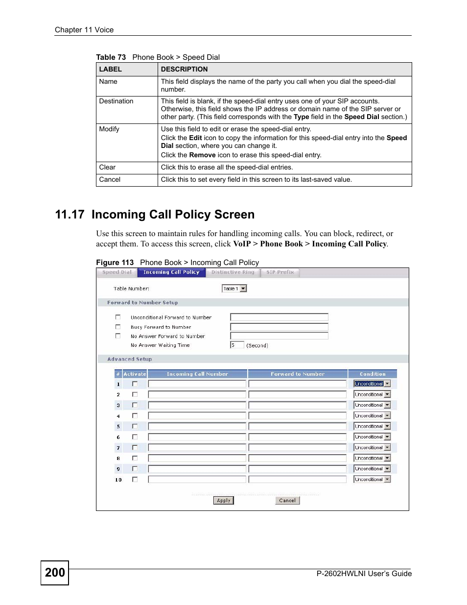 17 incoming call policy screen, Figure 113 phone book > incoming call policy | ZyXEL Communications P-2602HWLNI User Manual | Page 200 / 496
