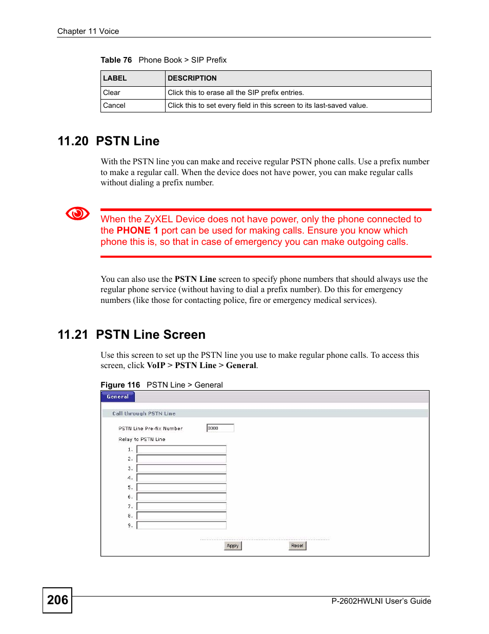 20 pstn line, 21 pstn line screen, 20 pstn line 11.21 pstn line screen | Figure 116 pstn line > general | ZyXEL Communications P-2602HWLNI User Manual | Page 206 / 496