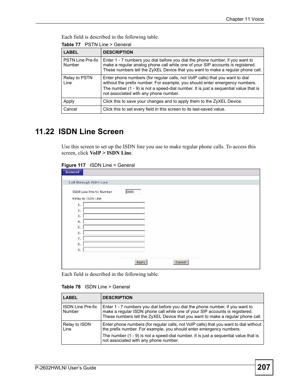 22 isdn line screen, Figure 117 isdn line > general | ZyXEL Communications P-2602HWLNI User Manual | Page 207 / 496