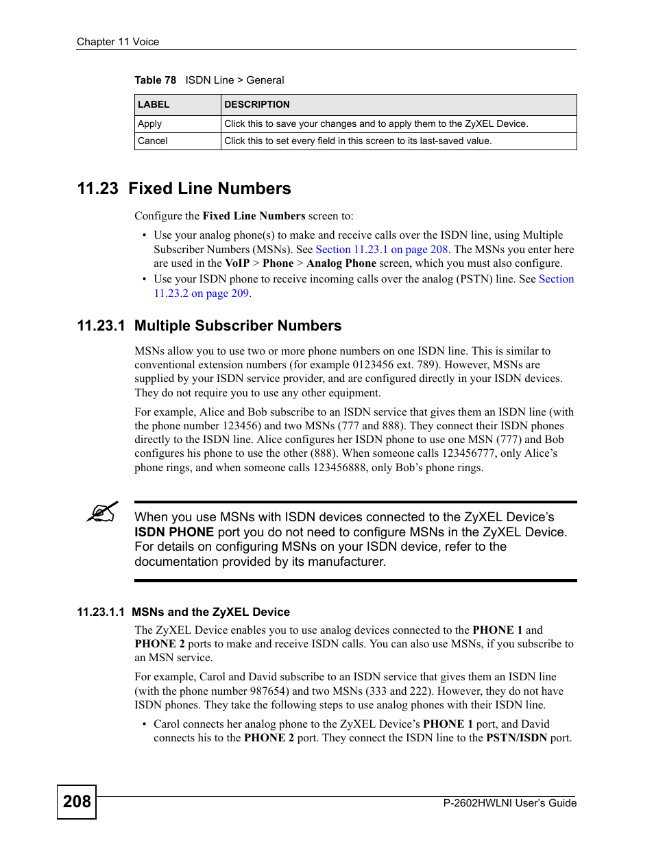 23 fixed line numbers, 1 multiple subscriber numbers, One line (see | Section | ZyXEL Communications P-2602HWLNI User Manual | Page 208 / 496